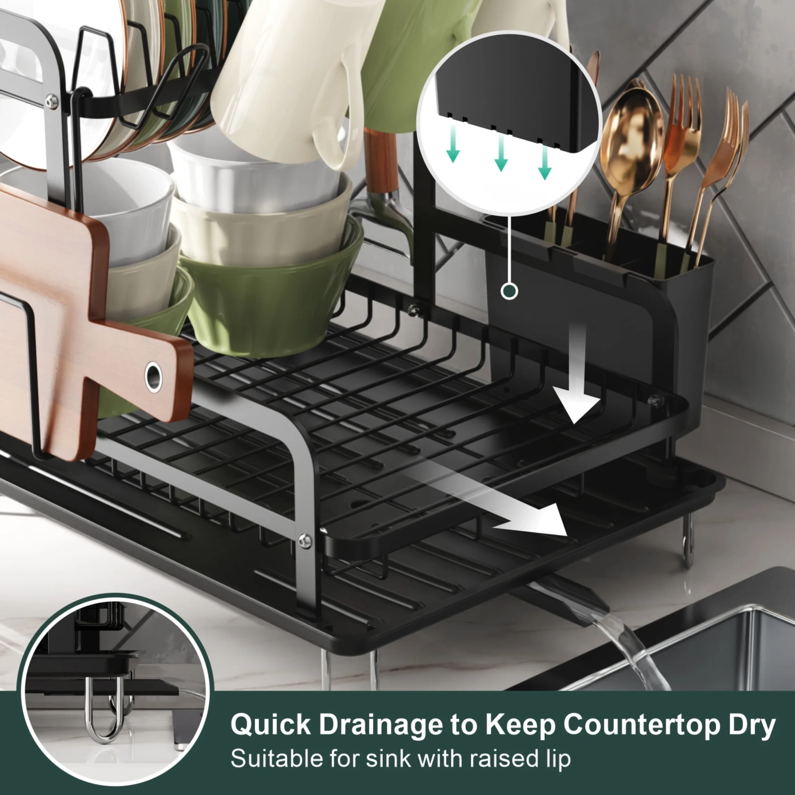 5 en 1 Égouttoir à Vaisselle 2 Niveaux Pliable en Acier Inoxydable avec Plateau D’égouttement