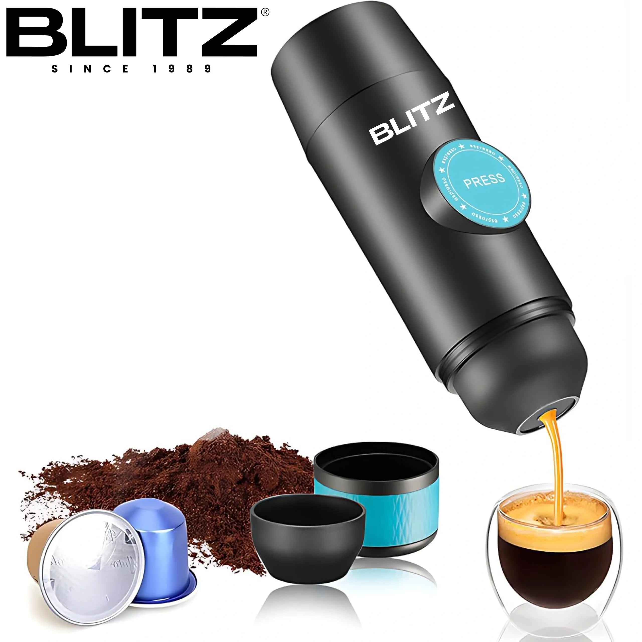 BLITZ - 4en1 Machine à café expresso Rechargeable portable chauffante sans fil poudre et capsule