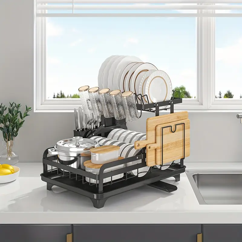 5 en 1 Égouttoir à Vaisselle 2 Niveaux Pliable en Acier Inoxydable avec Plateau D’égouttement