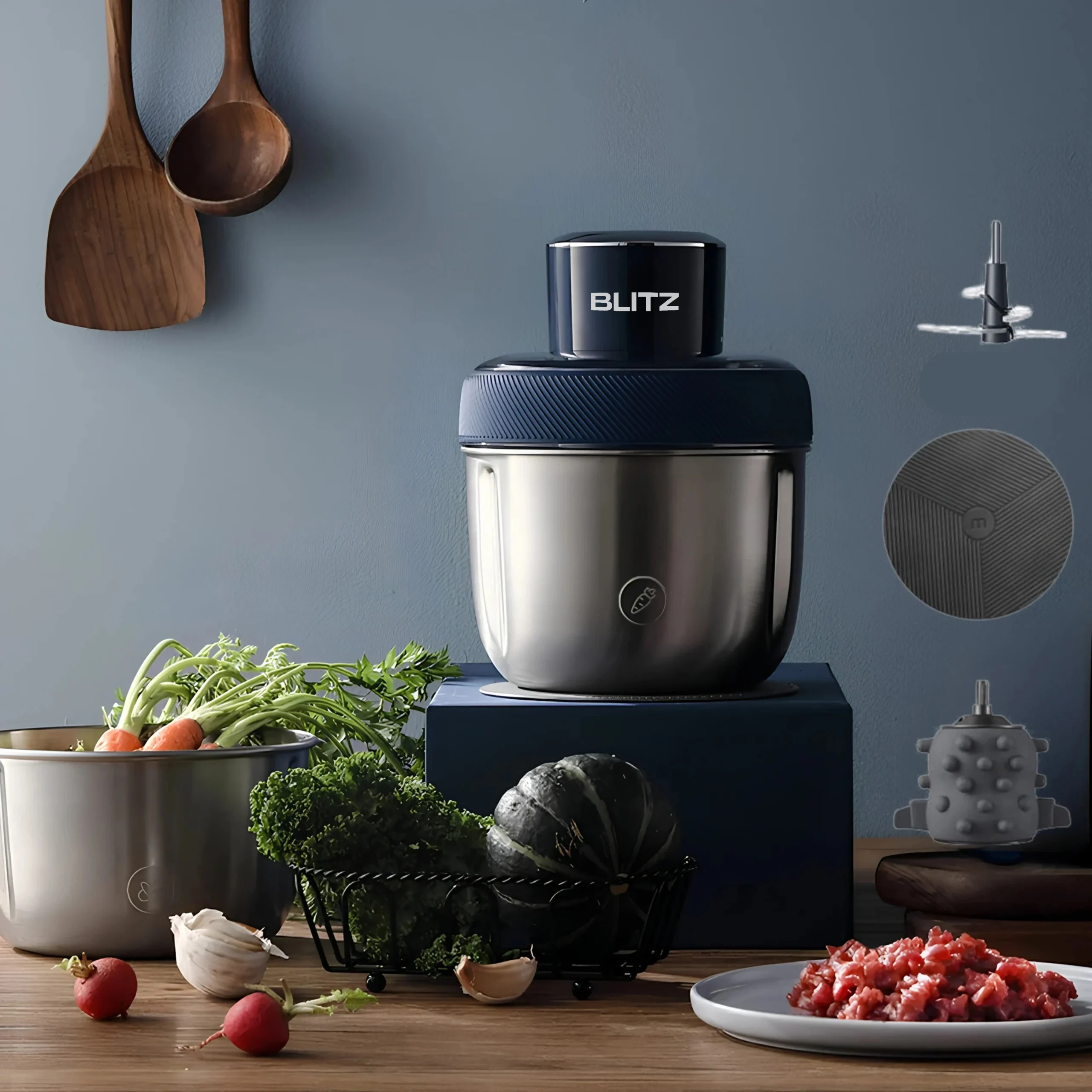 Blitz - 4 En 1 Hachoir Électrique Multifonction avec 2 Bols en Acier Inoxydable et éplucheur ail