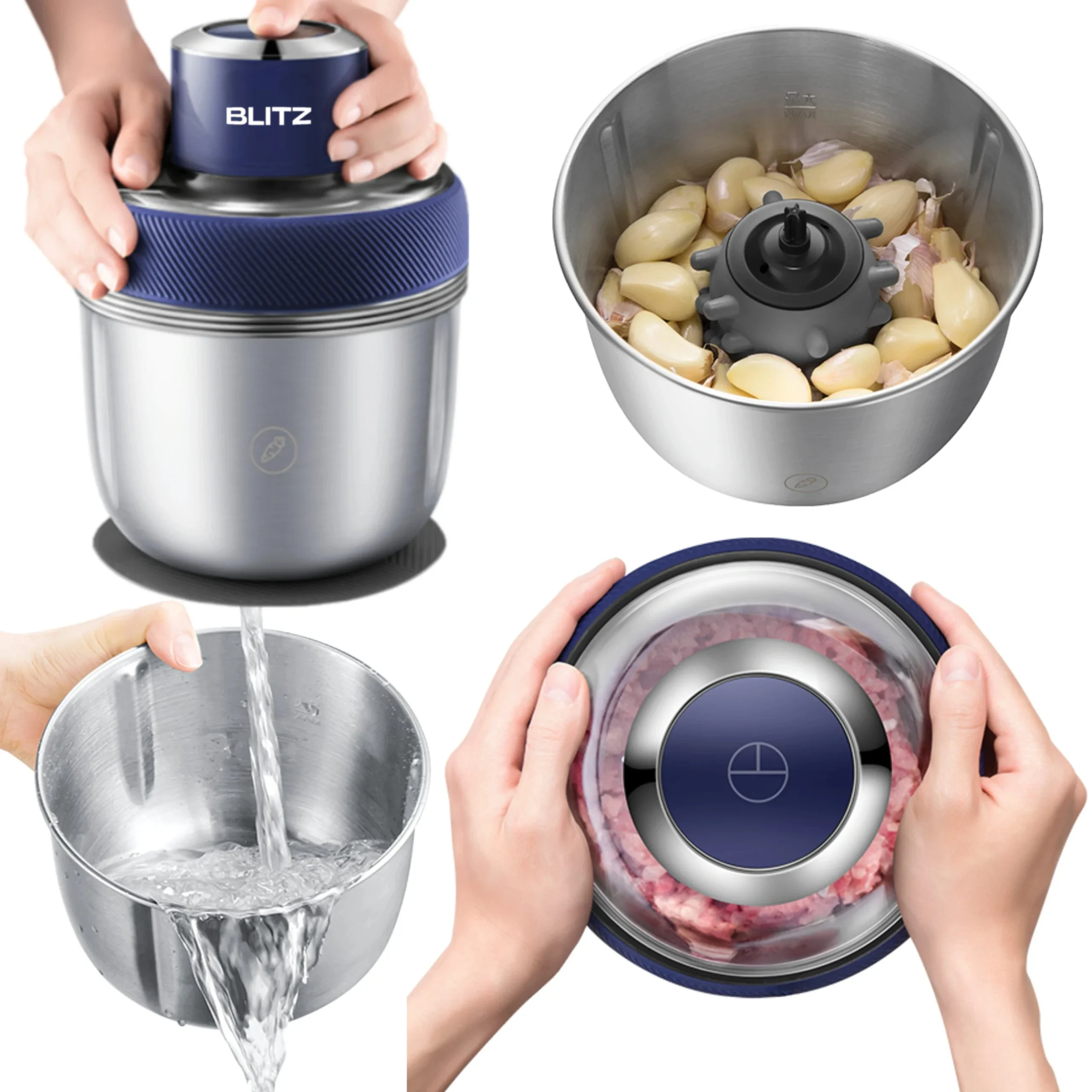 Blitz - 4 En 1 Hachoir Électrique Multifonction avec 2 Bols en Acier Inoxydable et éplucheur ail