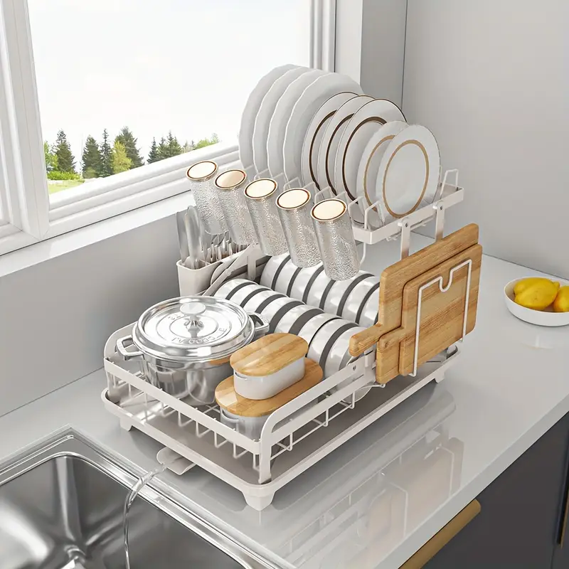 5 en 1 Égouttoir à Vaisselle 2 Niveaux Pliable en Acier Inoxydable avec Plateau D’égouttement