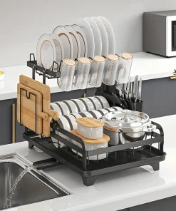 5 en 1 Égouttoir à Vaisselle 2 Niveaux Pliable en Acier Inoxydable avec Plateau D'égouttement