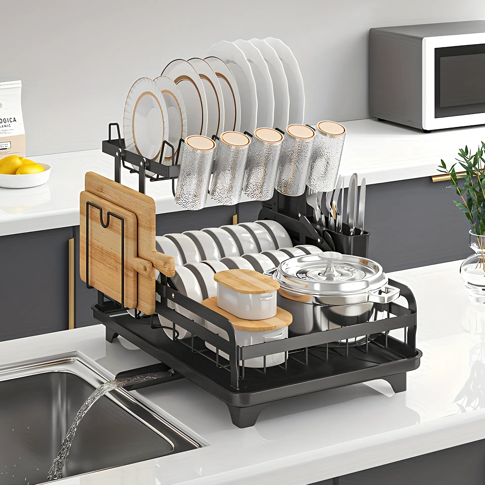 5 en 1 Égouttoir à Vaisselle 2 Niveaux Pliable en Acier Inoxydable avec Plateau D'égouttement