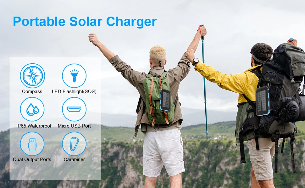 Power Bank Solaire 20000mAh Étanche Avec LED Ultra-Puissante Et 2 Ports USB Idéal Camping & Urgence