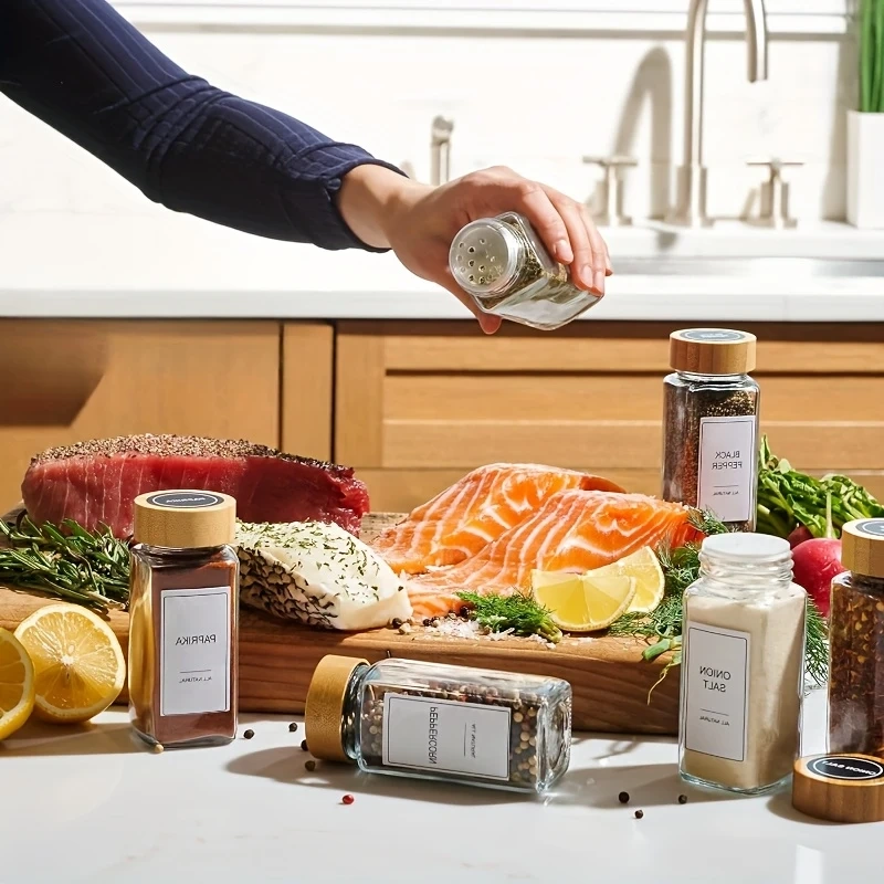 Set de 24 Pots à Épices en Verre avec Couvercles Bambou Rangement Hermétique