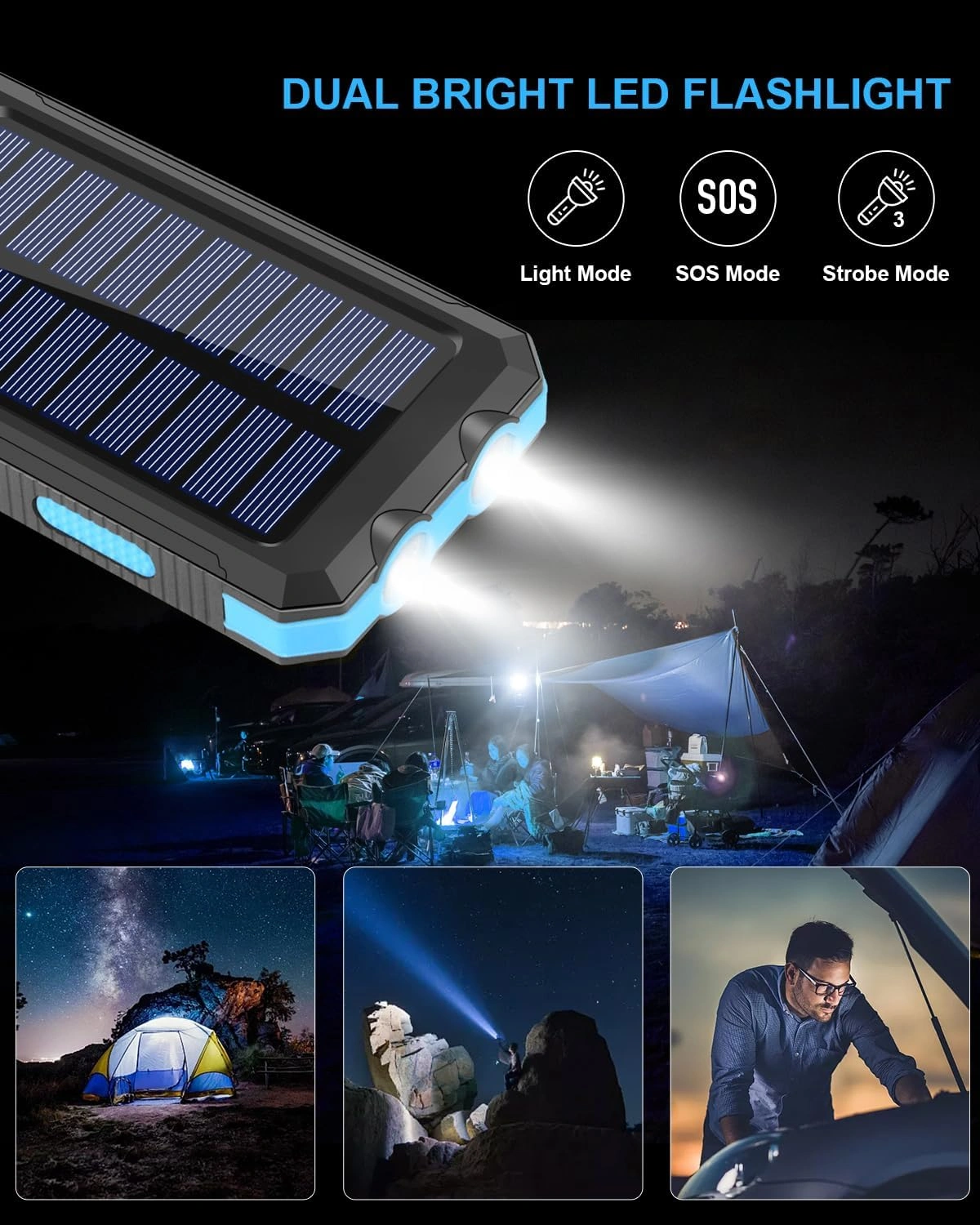 5en1 Power Bank Solaire 20000mAh Étanche Avec LED Ultra-Puissante Et 2 Ports USB