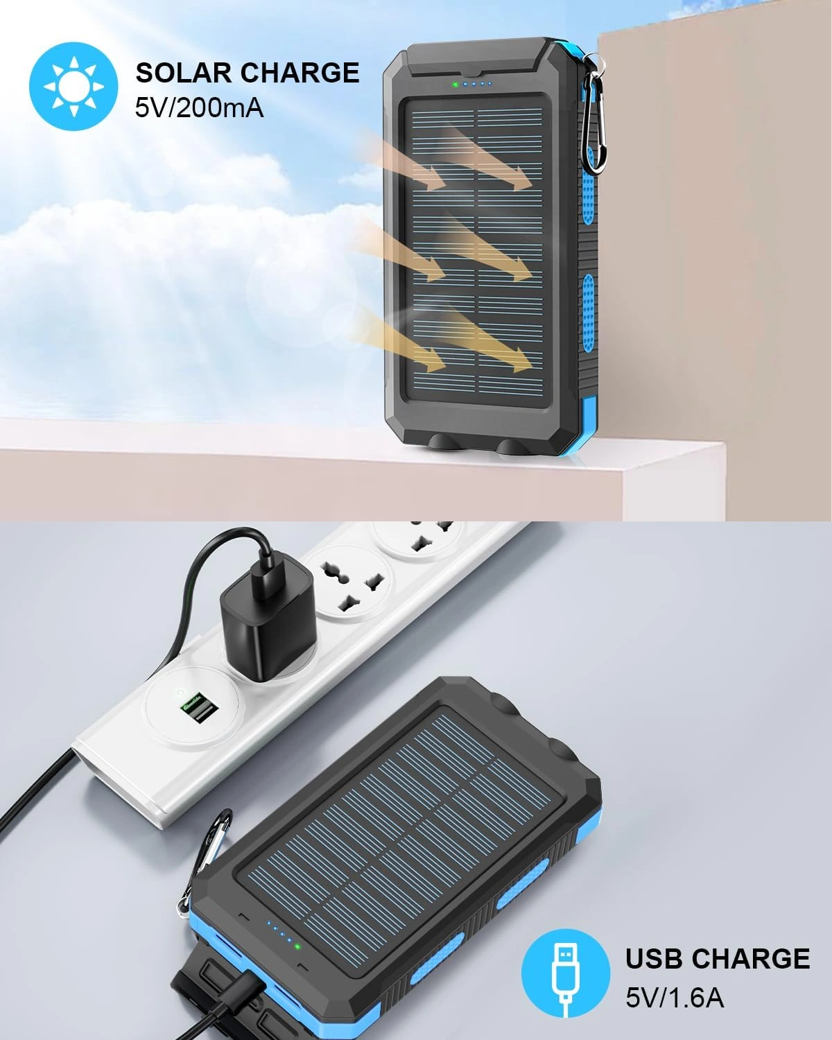 5en1 Power Bank Solaire 20000mAh Étanche Avec LED Ultra-Puissante Et 2 Ports USB