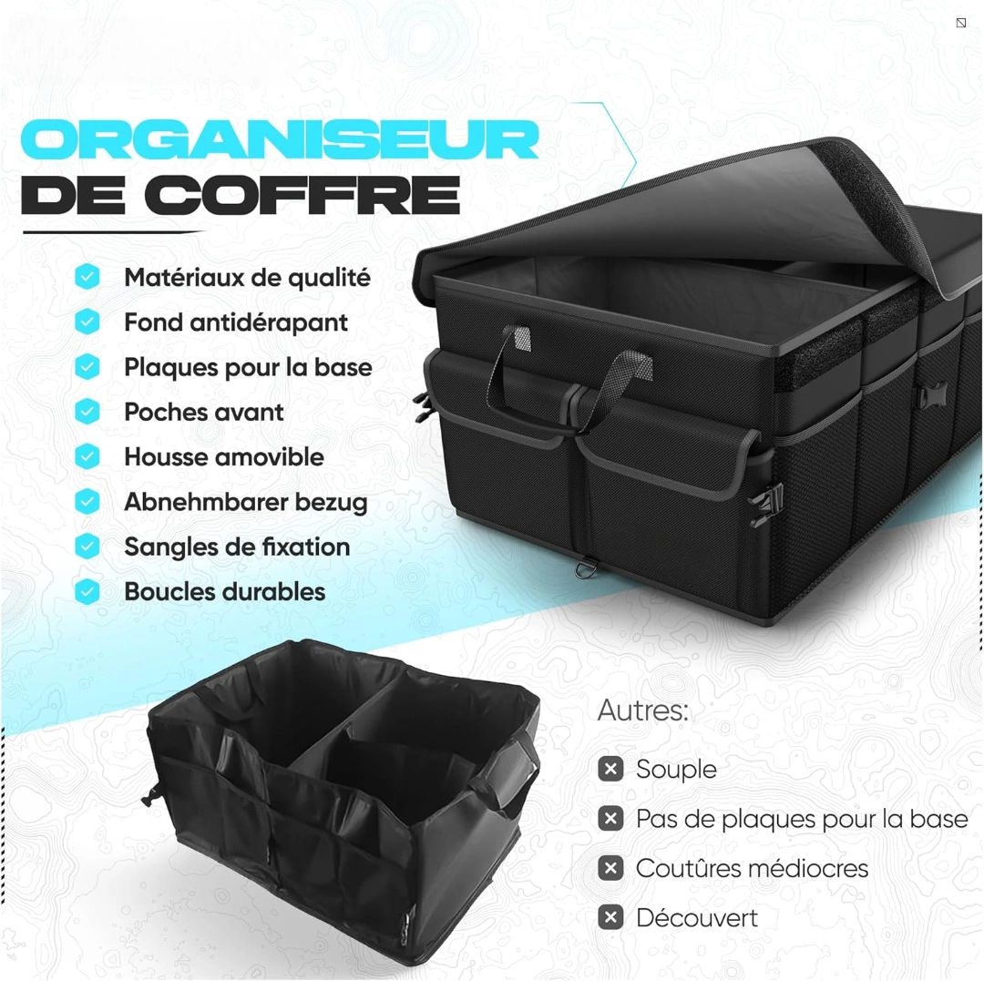 Organiseur Coffre Voiture Multifonction Pliable et Renforcé Pour Rangement Robuste Avec Poignées & Poches