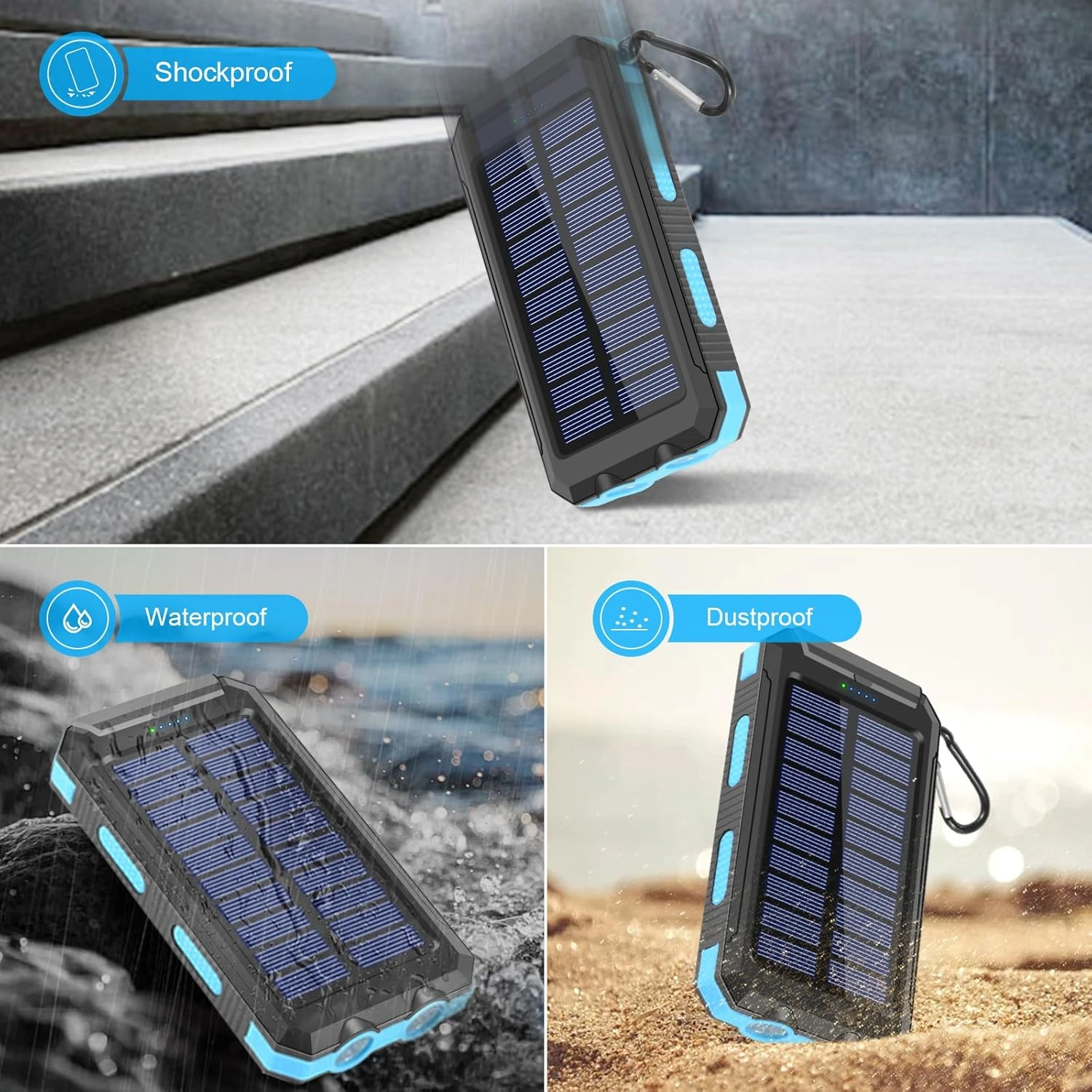 5en1 Power Bank Solaire 20000mAh Étanche Avec LED Ultra-Puissante Et 2 Ports USB