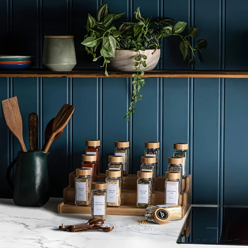 Set de 24 Pots à Épices en Verre avec Couvercles Bambou Rangement Hermétique