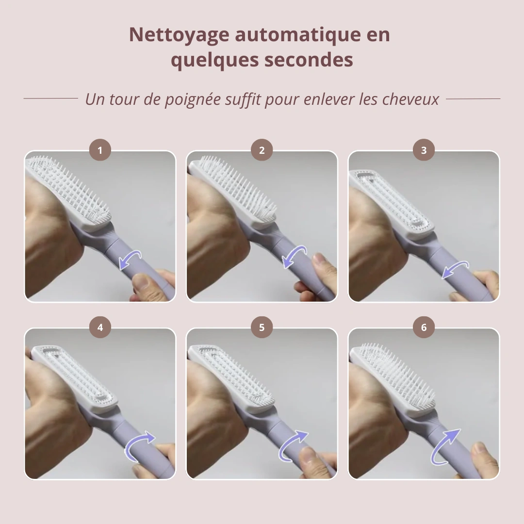 2en1 Brosse Cheveux Auto-Nettoyante Rotative - Anti-nœuds & Anti-statique