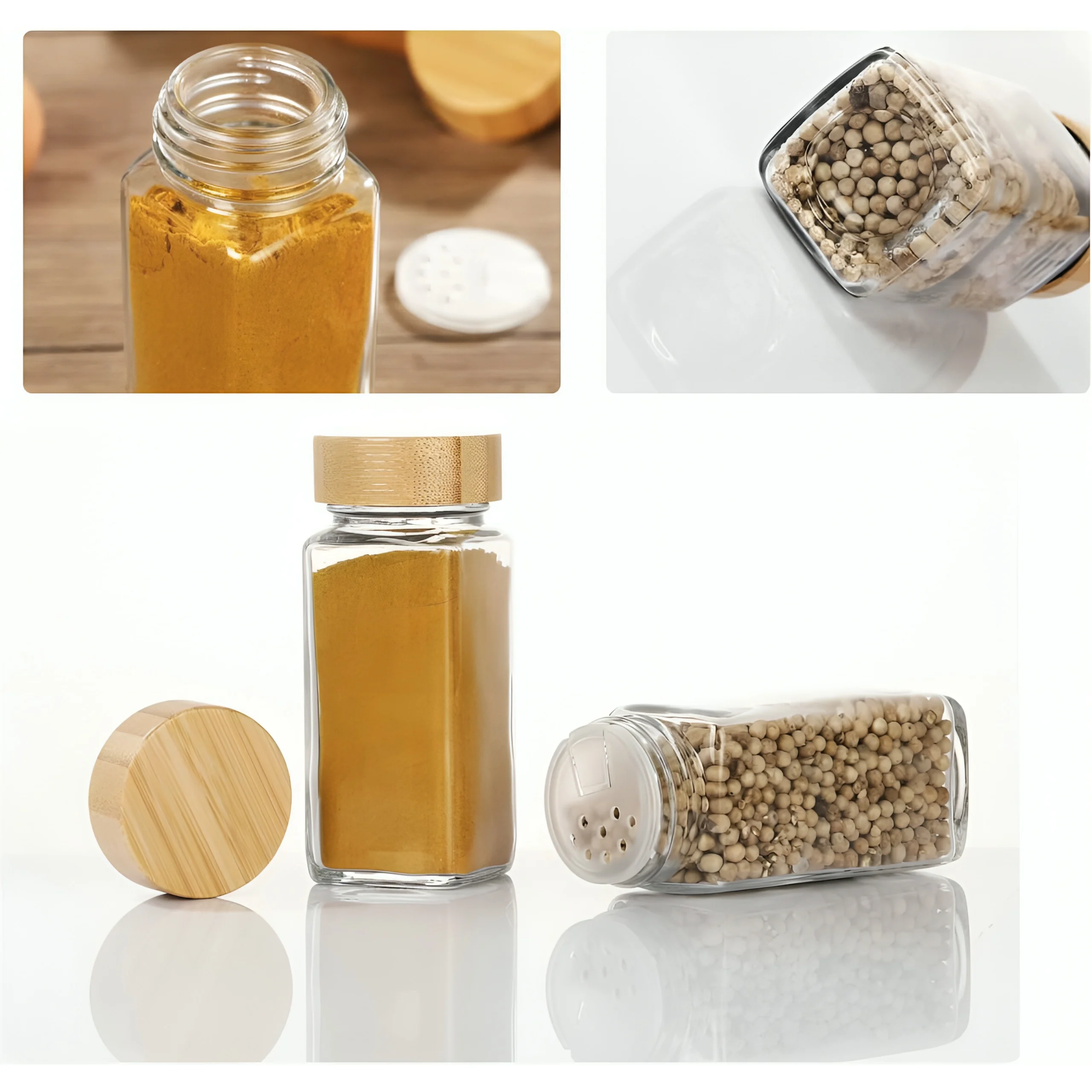 Set de 24 Pots à Épices en Verre avec Couvercles Bambou Rangement Hermétique