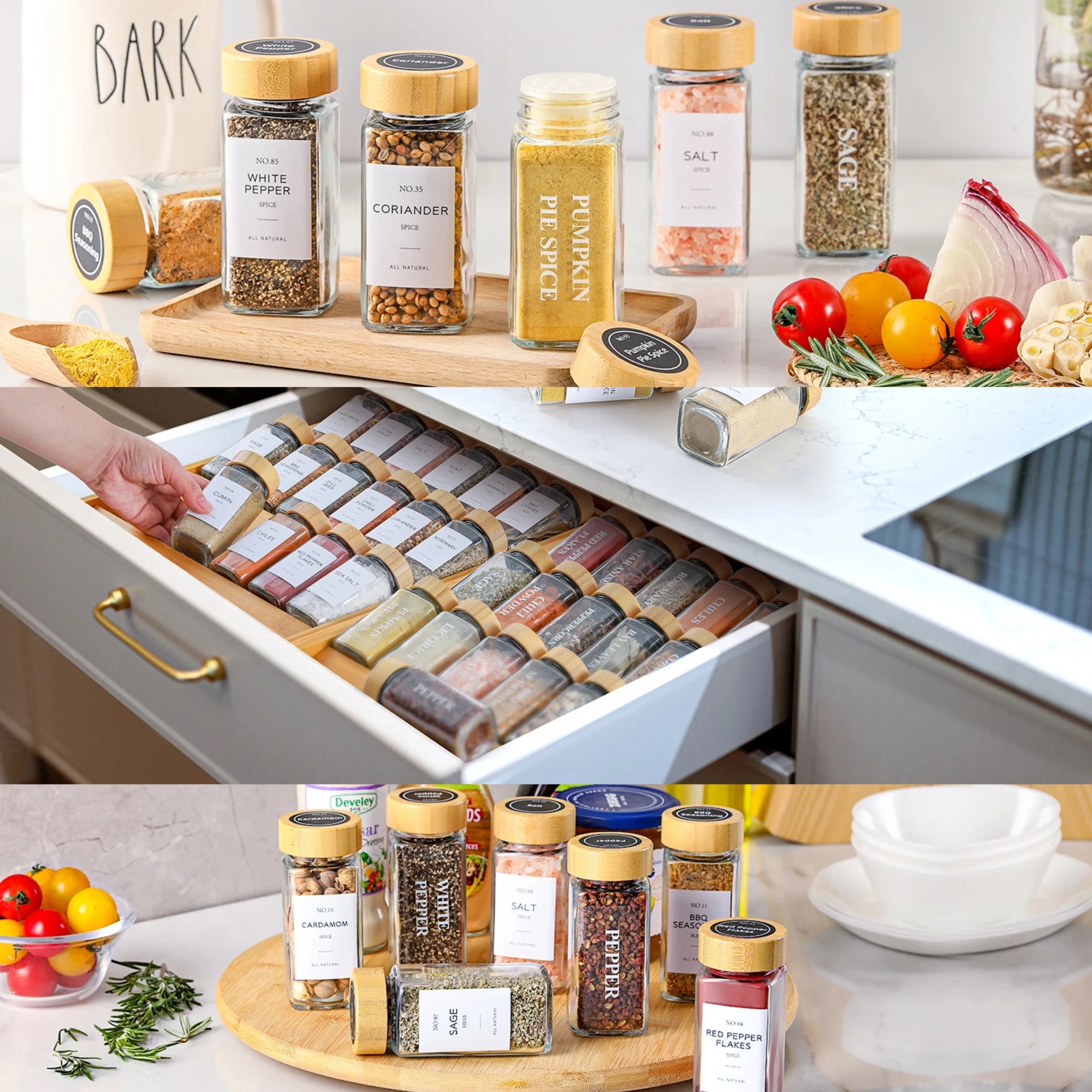 Set de 24 Pots à Épices en Verre avec Couvercles Bambou Rangement Hermétique