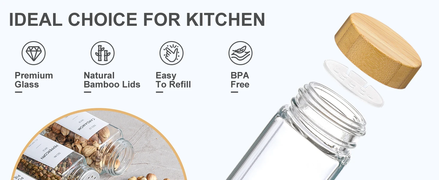 Set de 24 Pots à Épices en Verre avec Couvercles Bambou Rangement Hermétique Set de 24 Pots à Épices en Verre avec Couvercles Bambou Rangement Hermétique