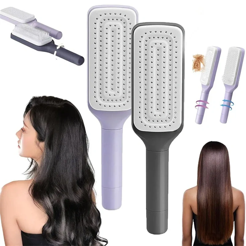 2en1 Brosse Cheveux Auto-Nettoyante Rotative - Anti-nœuds & Anti-statique