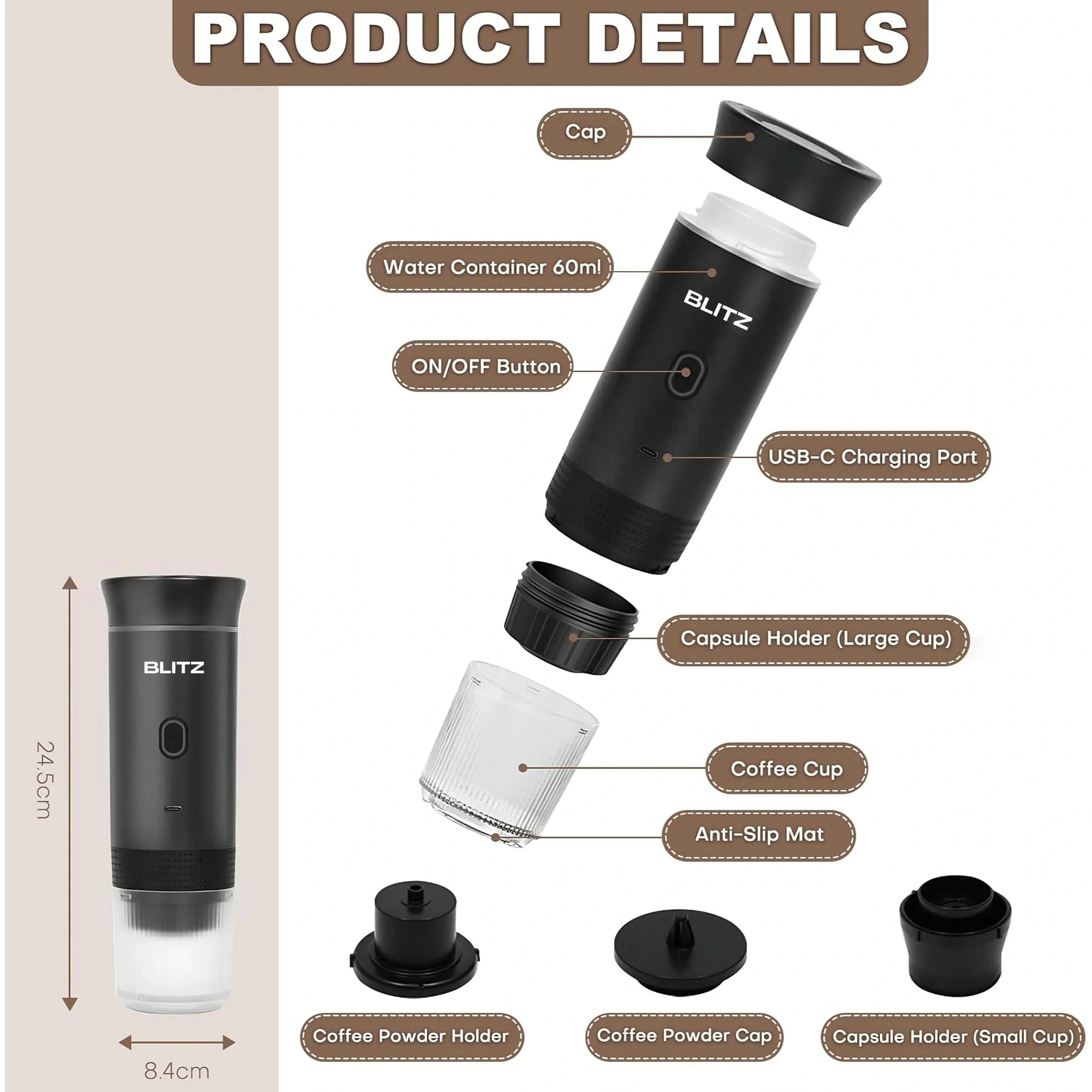 Blitz® - 5 En 1 Machine à Café Espresso Portable Et Rechargeable Avec Chauffage Intégré
