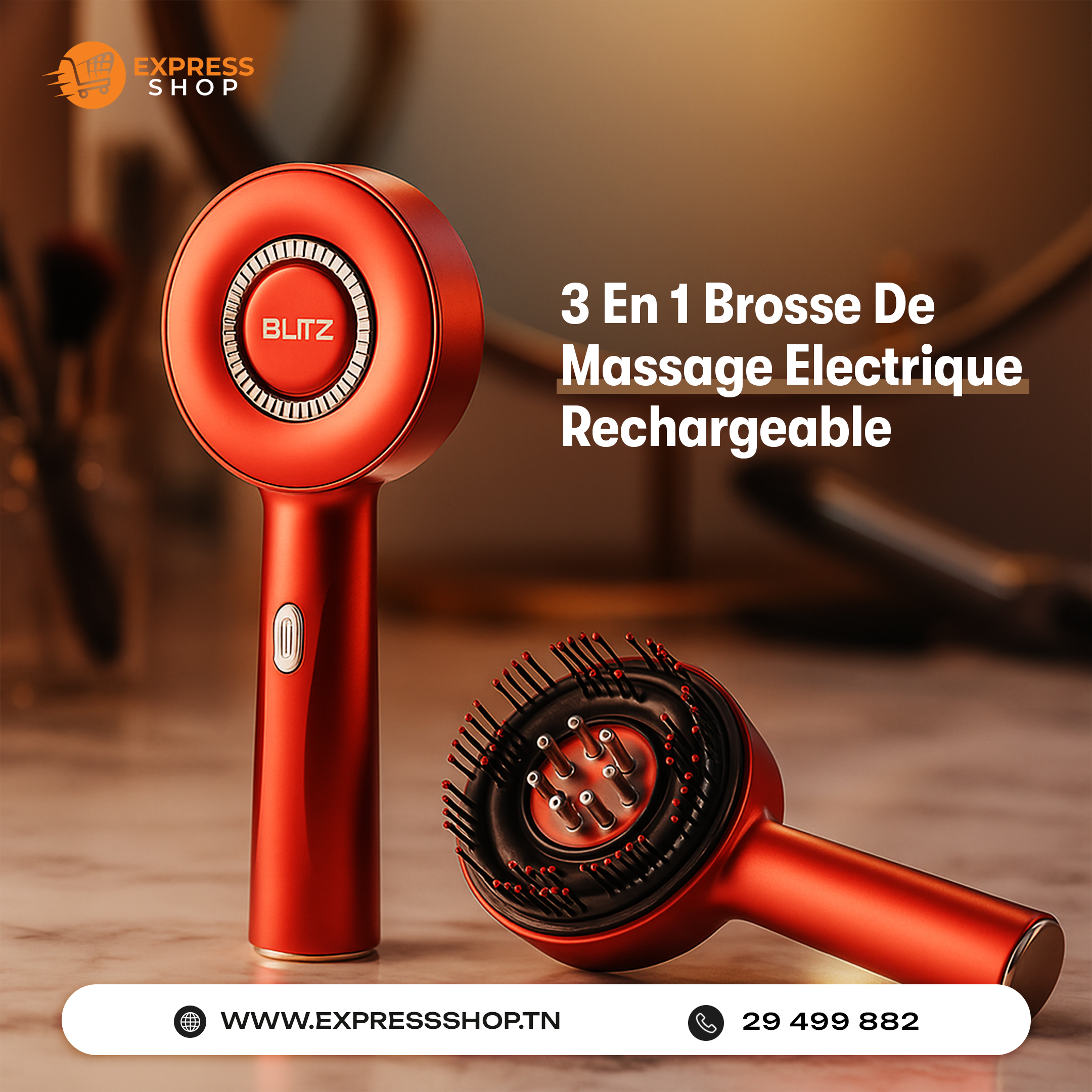 Blitz® Breo- 3en1 Brosse De Massage Électrique Étanche Rechargeable Croissance Des Cheveux (Original)