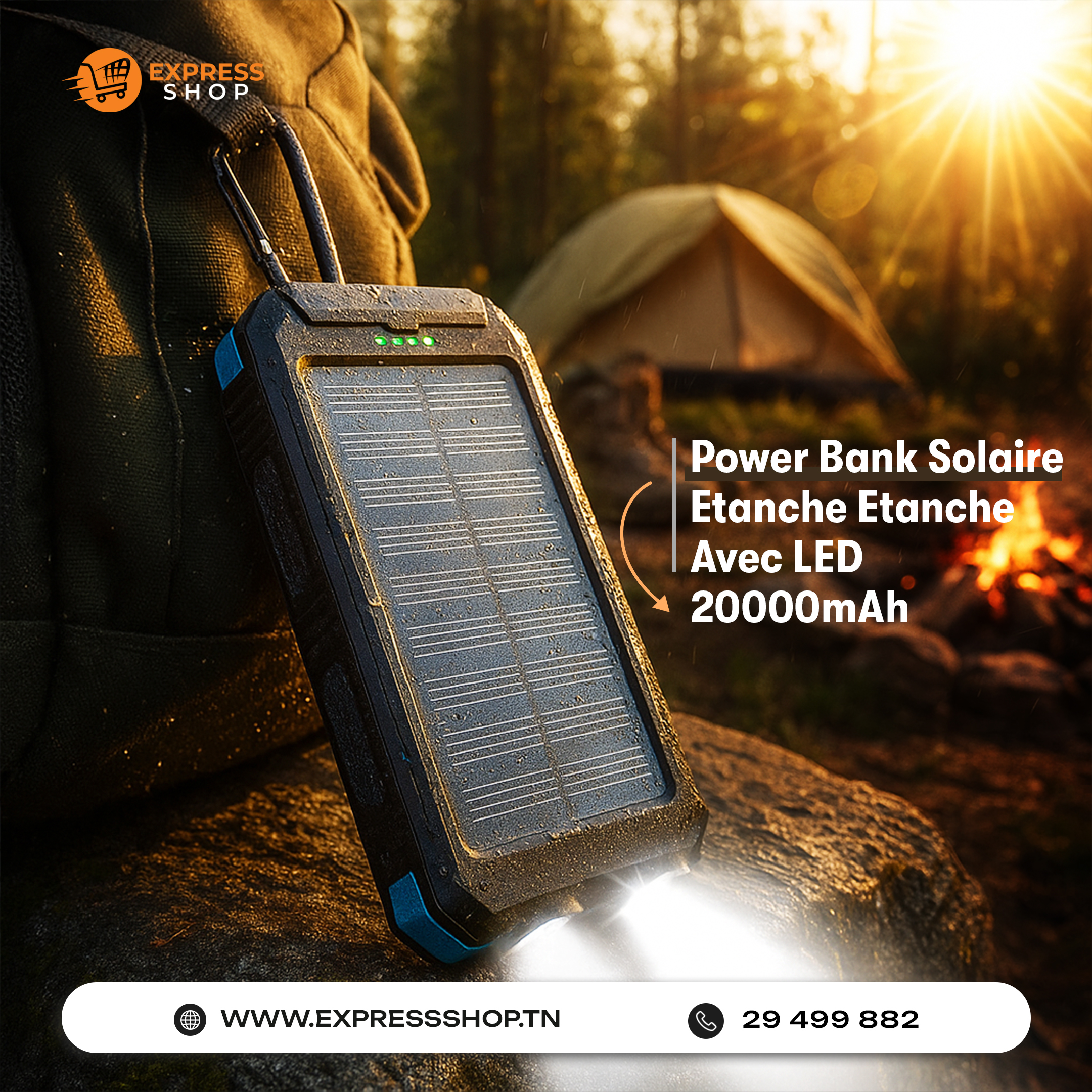 5en1 Power Bank Solaire 20000mAh Étanche Avec LED Ultra-Puissante Et 2 Ports USB