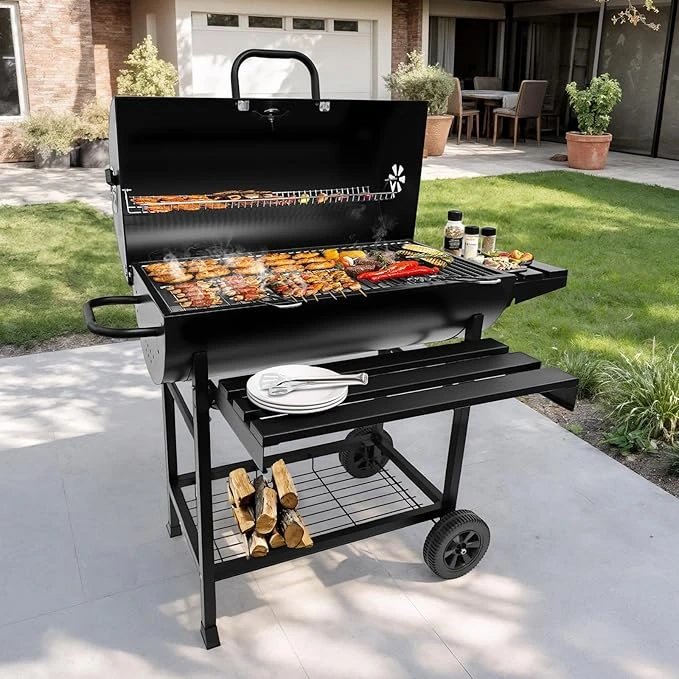 BNBR-3 - 7en1 Barbecue Extérieur à Charbon de Bois 2 niveaux Capacité XXL Jauge de température avec roue