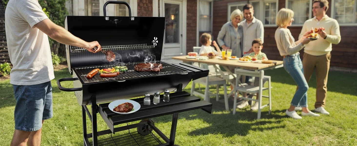 7en1 - Barbecue Extérieur à Charbon de Bois 2 niveaux Capacité XXL Jauge de température avec roue BNBR-3