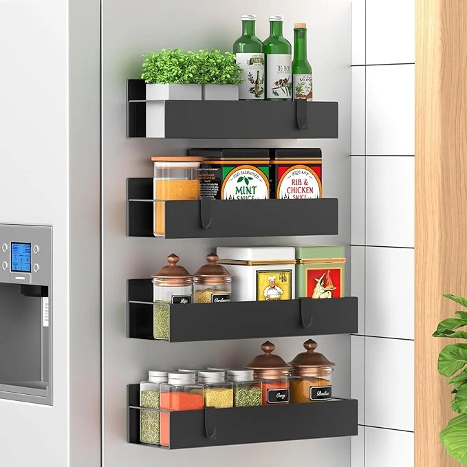 BNBR-8 - Lot de 4 Étagères Magnétiques INOX avec Crochets Rangement Pratique Cuisine Salle de Bain Réfrigérateur