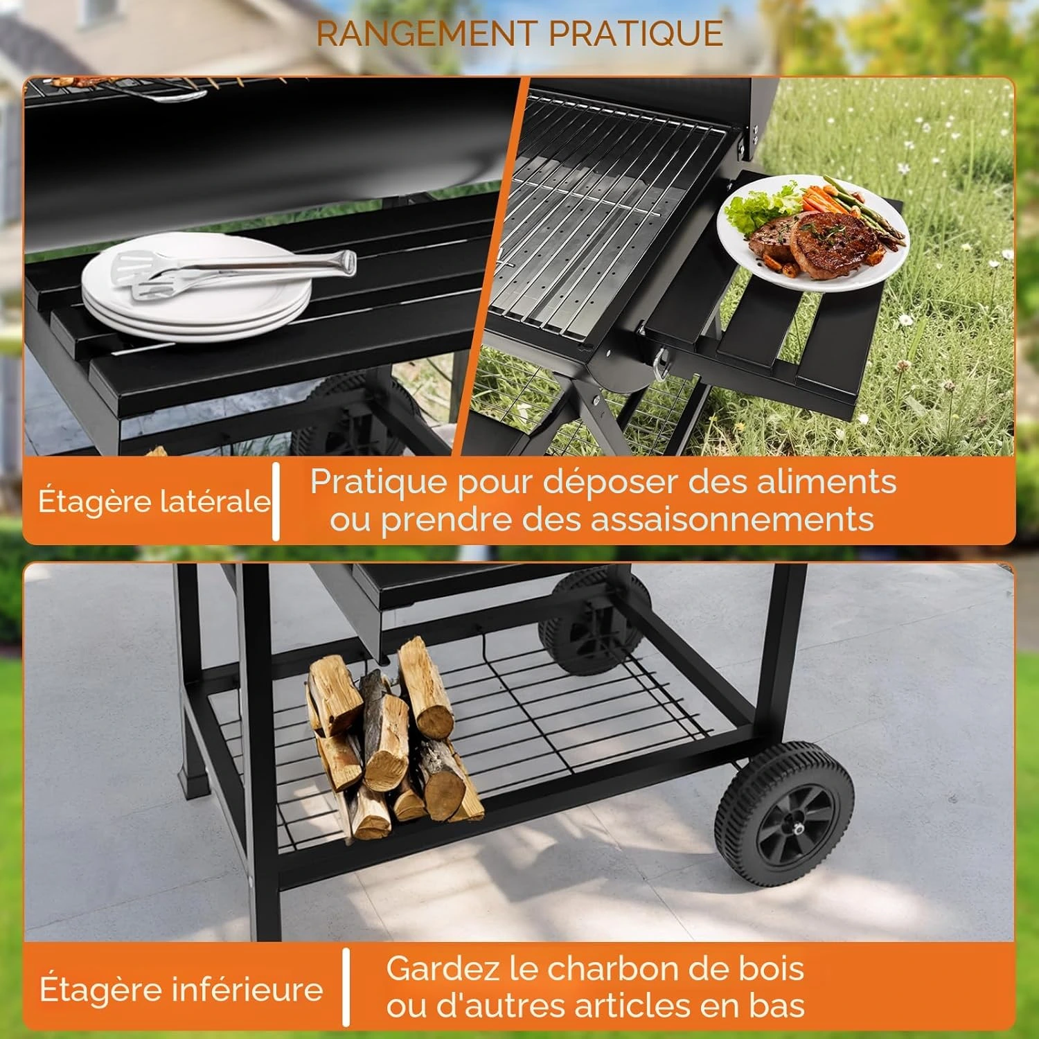 BNBR-3 - 7en1 Barbecue Extérieur à Charbon de Bois 2 niveaux Capacité XXL Jauge de température avec roue