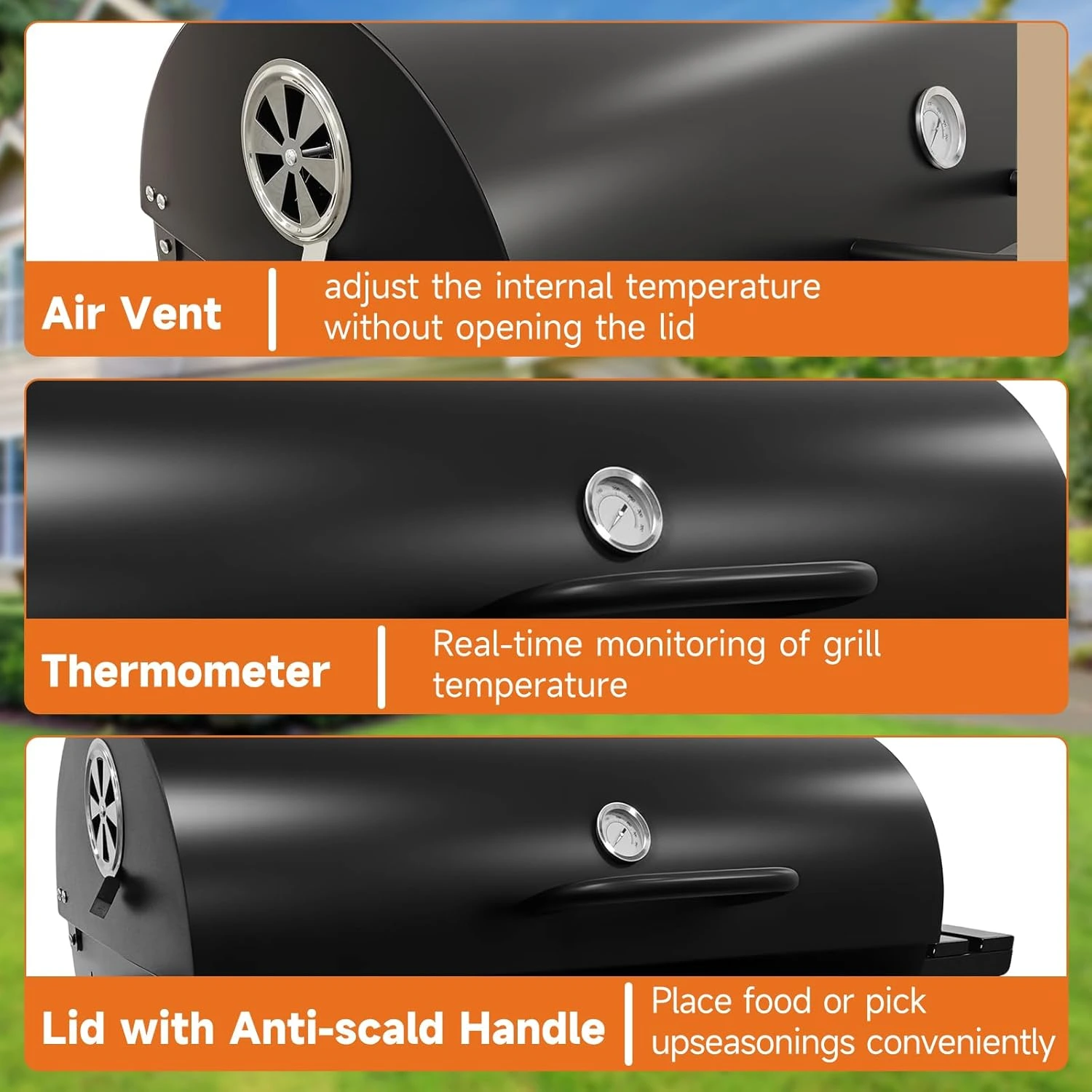 BNBR-3 - 7en1 Barbecue Extérieur à Charbon de Bois 2 niveaux Capacité XXL Jauge de température avec roue
