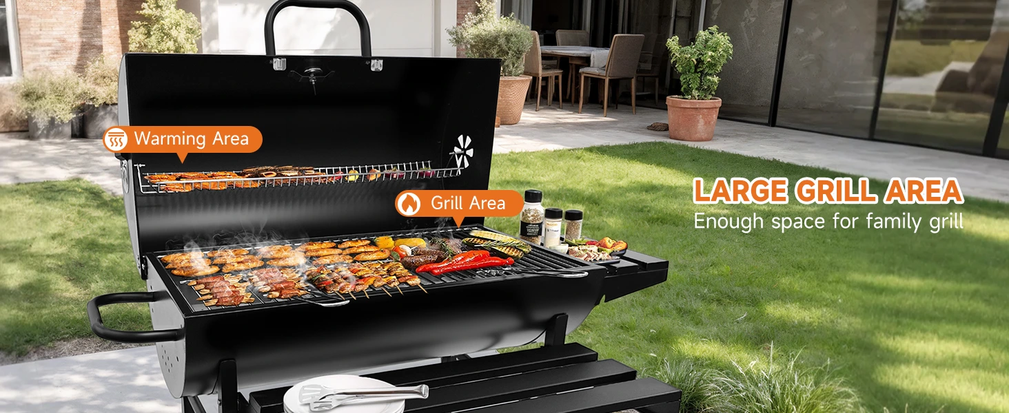 7en1 - Barbecue Extérieur à Charbon de Bois 2 niveaux Capacité XXL Jauge de température avec roue BNBR-3