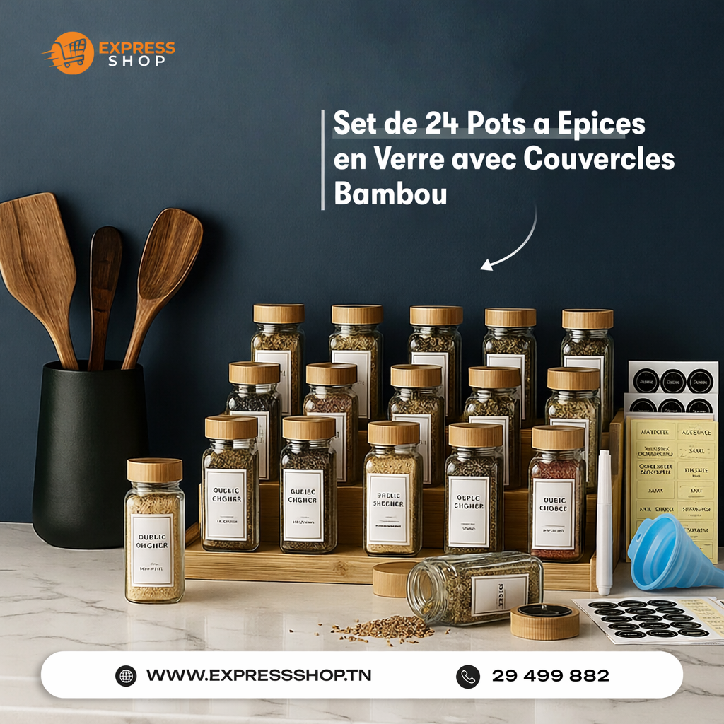 Blitz - Set de 24 Pots à Épices en Verre avec Couvercles Bambou Rangement Hermétique