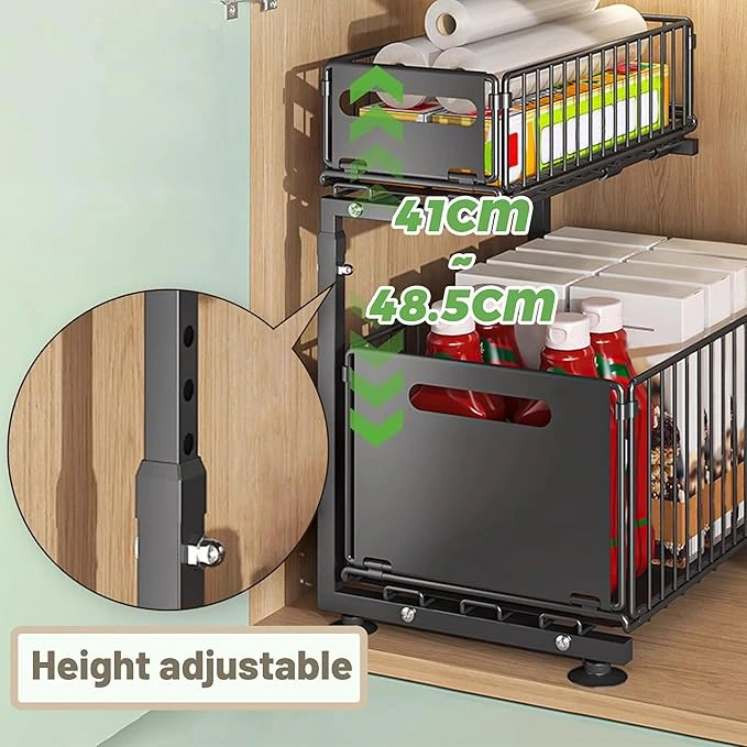 BNBR-1 - 5en1 Multifonction Organisateur Coulissant INOX pliable Sous Évier 2 Niveaux –  Cuisine Salle de Bain