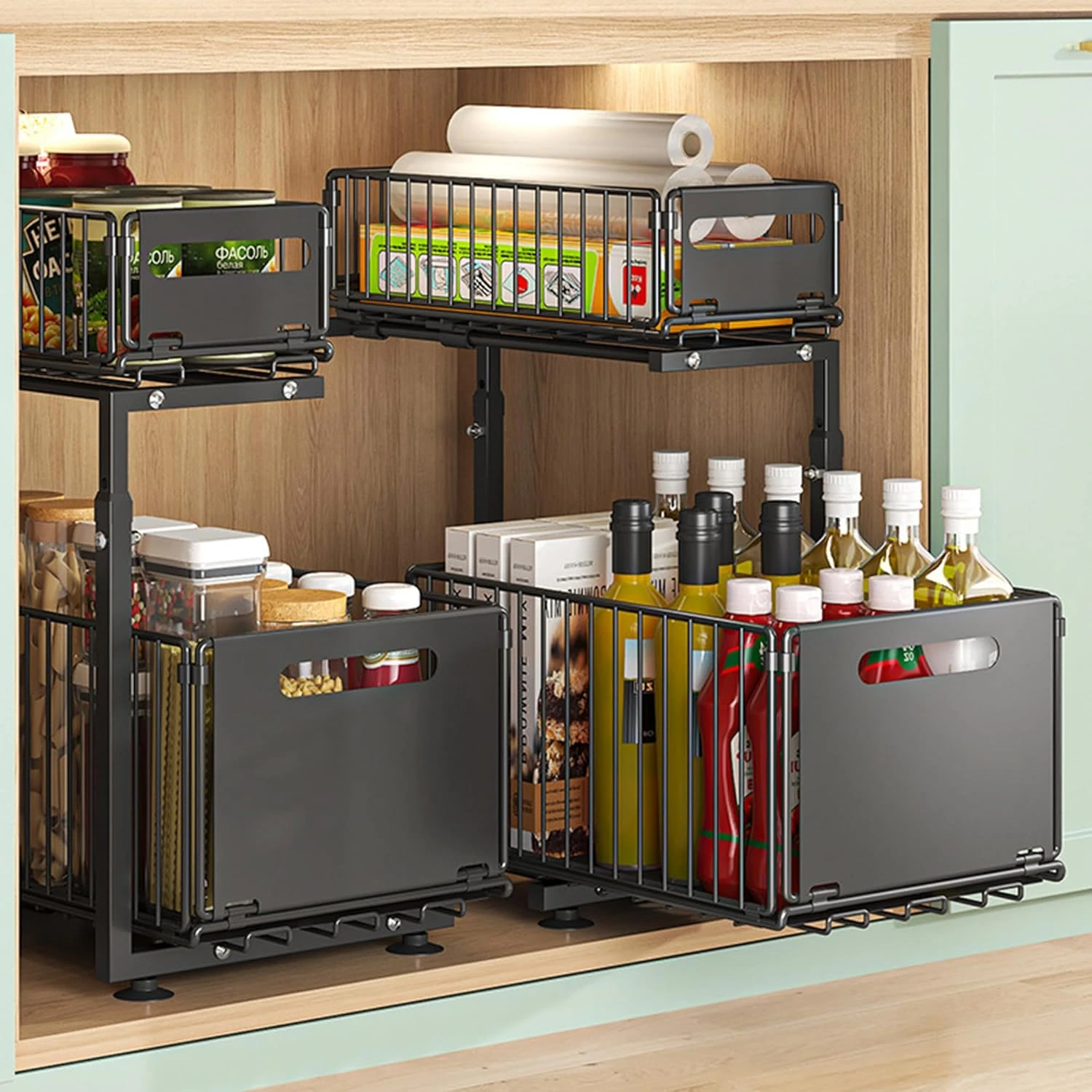 BNBR-1 - 5en1 Multifonction Organisateur Coulissant INOX pliable Sous Évier 2 Niveaux –  Cuisine Salle de Bain