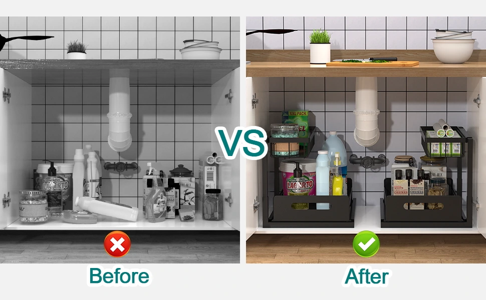 4en1 Organisateur sous évier coulissant 2 niveaux robuste INOX cuisine salle de bain BNBR-2