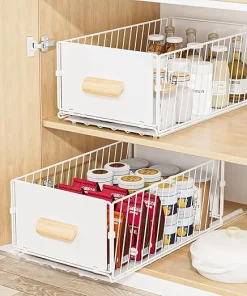 4en1 Organisateur Coulissant en INOX avec Poignée en Bambou – Rangement Cuisine Multifonctions BNBR-18