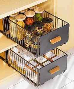 4en1 Organisateur Coulissant en INOX avec Poignée en Bambou – Rangement Cuisine Multifonctions BNBR-18