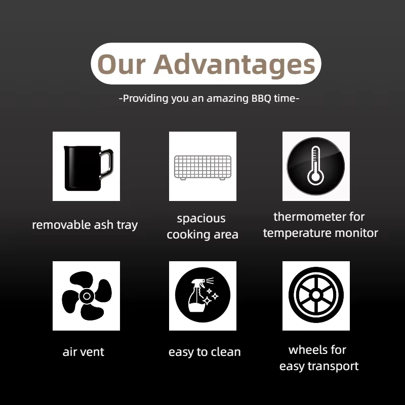 BNBR-3 - 7en1 Barbecue Extérieur à Charbon de Bois 2 niveaux Capacité XXL Jauge de température avec roue