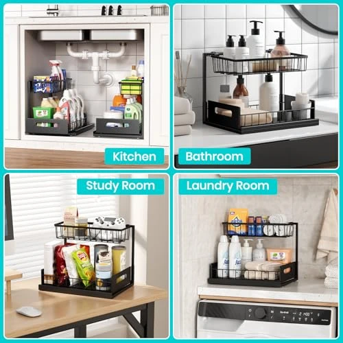 BNBR-2 - 4en1 Organisateur sous évier coulissant 2 niveaux robuste INOX cuisine salle de bain