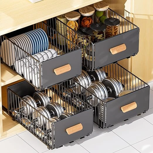 BNBR-18 - 4en1 Organisateur Coulissant en INOX avec Poignée en Bambou pliable