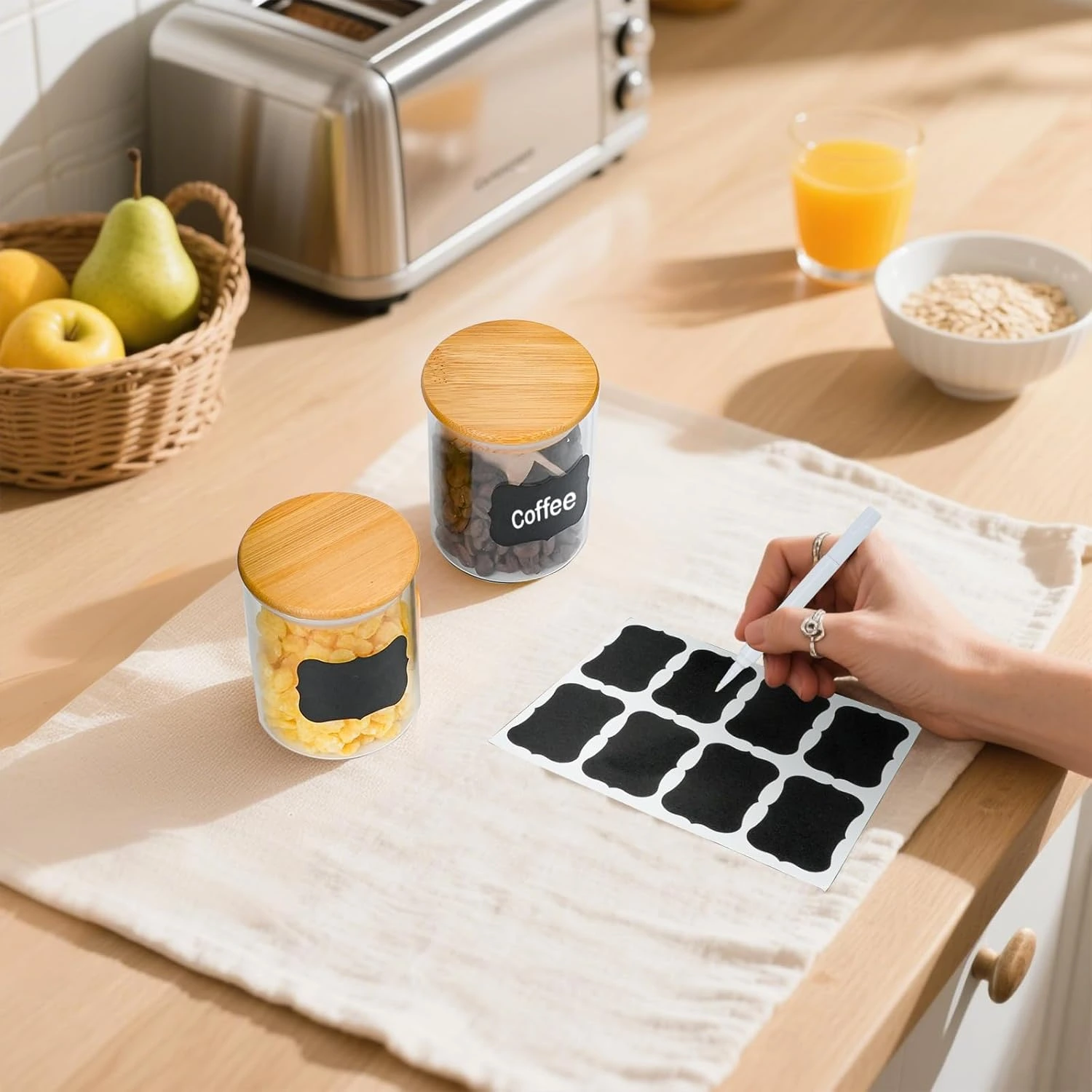 BNBR-19 - Lot de 12 pots à épices en verre avec couvercles bambou hermétiques