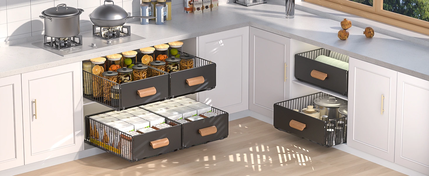 4en1 Organisateur Coulissant en INOX avec Poignée en Bambou – Rangement Cuisine Multifonctions BNBR-18