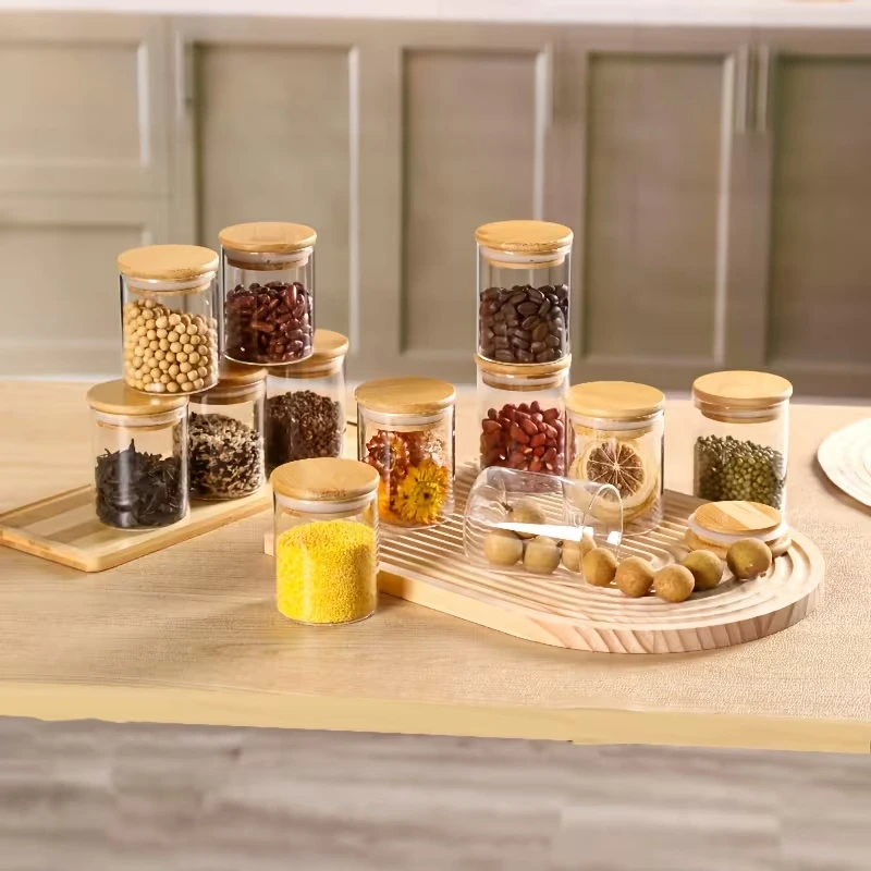 BNBR-19 - Lot de 12 pots à épices en verre avec couvercles bambou hermétiques