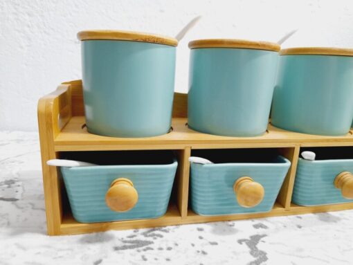 Set de 8 Pots à épices en céramique avec support en bois