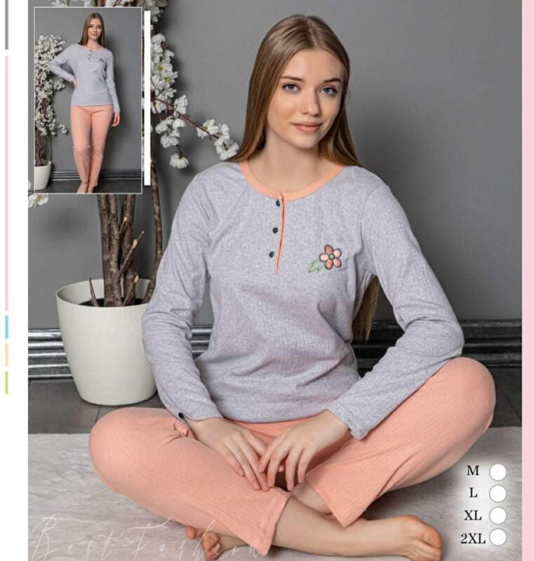 Pyjama femme à fleurs - Gris en coton