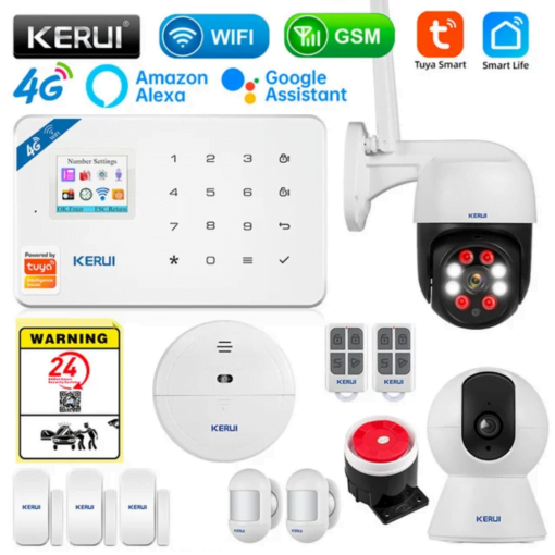KERUI- Système dalarme de sécurité complet avec deux cameras Tuya Alexa Smart WIFI GSM, détecteur de mouvement GAZ et fumée