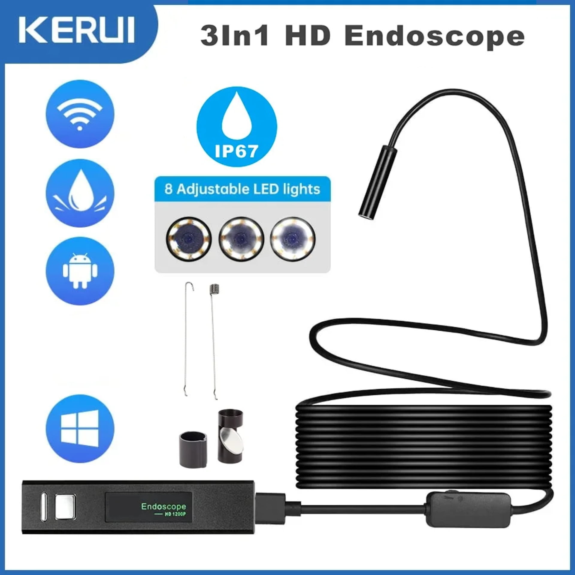 KERUI Caméra d'inspection de serpent USB endoscope USB C étanche IP67 avec 8 lumières LED réglables