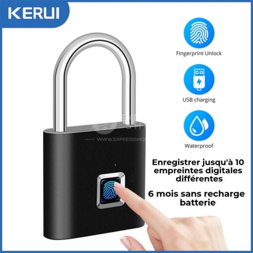 KERUI – Cadenas dempreinte digitale intelligente et multifonction avec chargement USB sans clé étanche et antivol