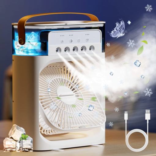 3 en 1 mini climatiseur portable par évaporation avec lumière LED 7 couleurs, 3 vitesses de vent et 3 modes de pulvérisation