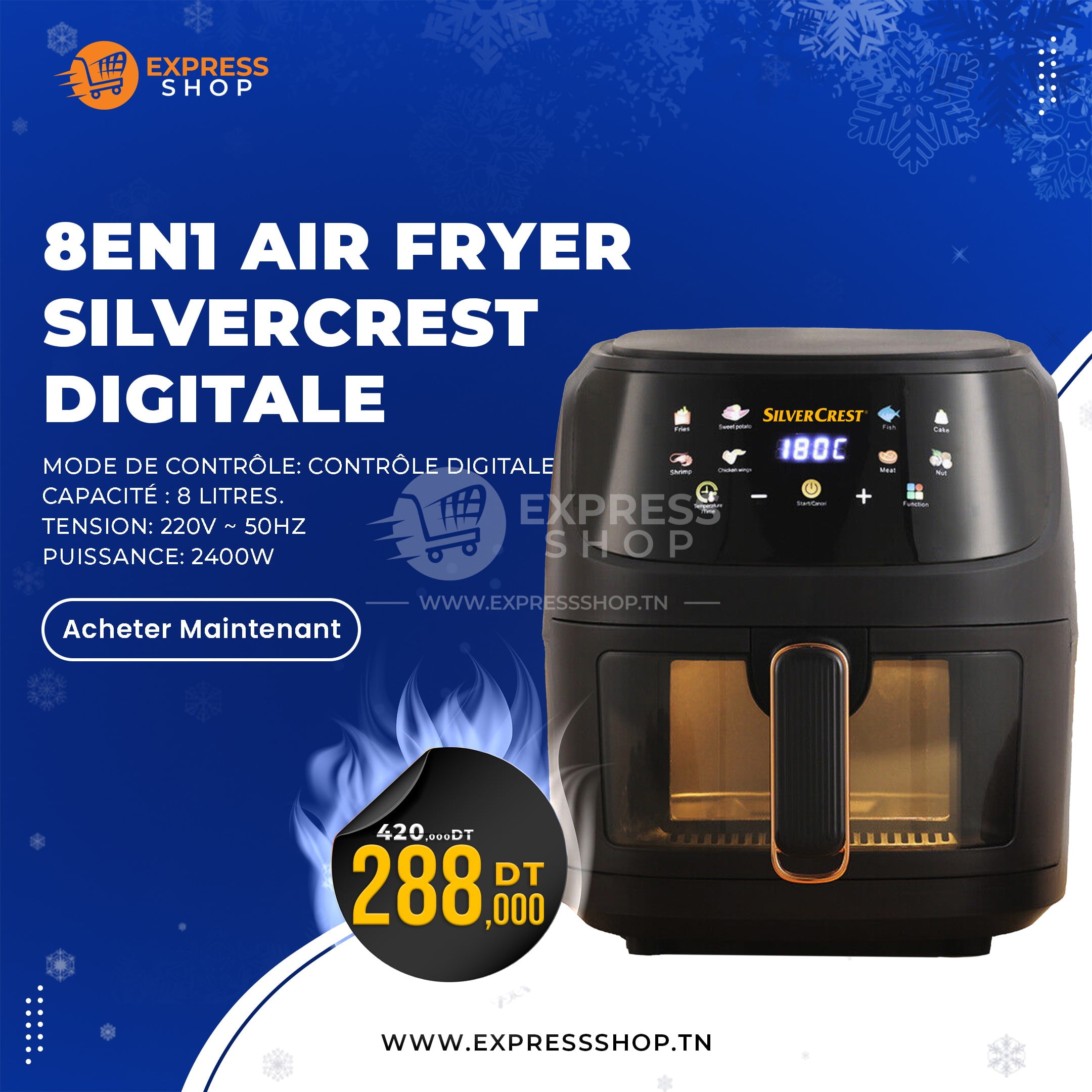 8en1 Air Fryer SILVERCREST Digitale intelligente, grande capacité 8L, 2400 W (German Quality ORIGINAL)