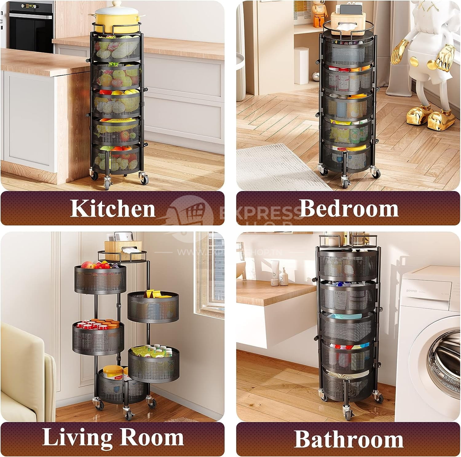 Étagère à légumes rotative à 4/5 niveaux en acier inoxydable respirant pour cuisine et salle de bain