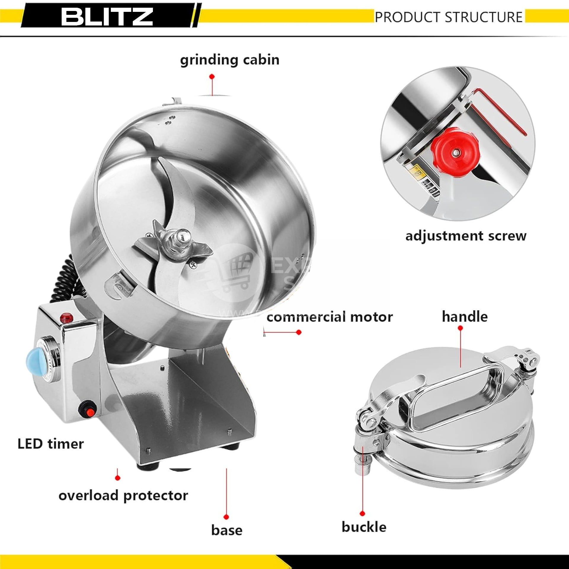 Broyeur électrique BLITZ 1KG Multifonction en acier inoxydable grande vitesse 3000W à pendule (USA Quality)